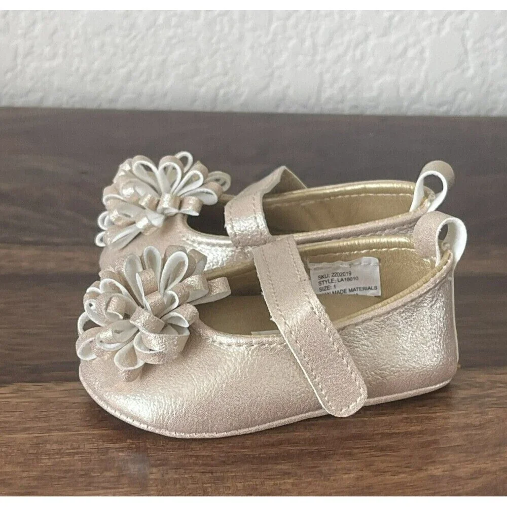Laura Ashley Gold Baby Shoes Size 1 Flower strap NEW no box Baby gift shower